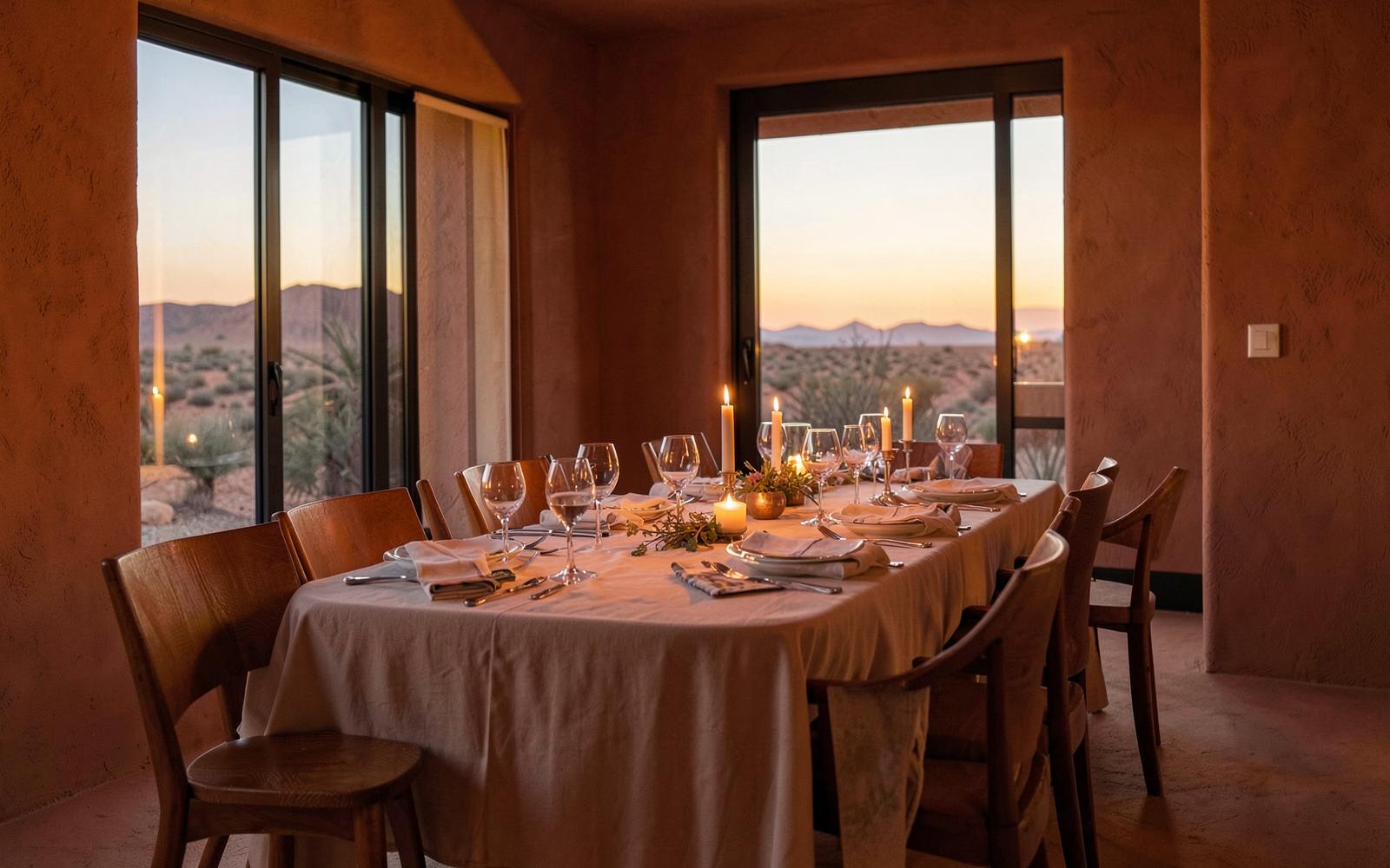 A candlelit Good Circle dinner table at dusk in Arizona
